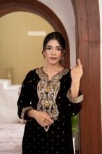 Coffee Brown Velvet Paisley Embroidered Kurta Set with Tassel Neckline - Image 4