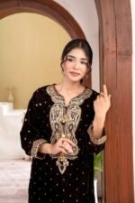 Coffee Brown Velvet Paisley Embroidered Kurta Set with Tassel Neckline - Image 5