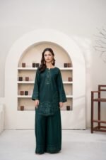 Dhanak Bottle Green Embroidered 2 Piece Suit