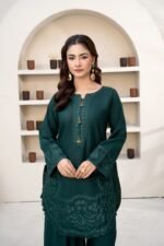 Dhanak Bottle Green Embroidered 2 Piece Suit - Image 4