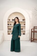 Dhanak Bottle Green Embroidered 2 Piece Suit - Image 2
