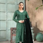 Emerald Green Pleated Button-Front Kameez Suit with Cut-Work Velvet Shawl