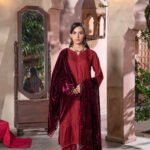 Maroon Leaf-Lace Placket Kameez Suit with Burgundy Cut-Work Velvet Shawl