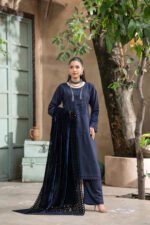 Navy Blue Pleated Yoke Kameez Suit with Lace Trim and Cut-Work Velvet Shawl