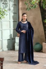 Navy Blue Pleated Yoke Kameez Suit with Lace Trim and Cut-Work Velvet Shawl - Image 2