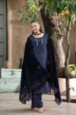 Navy Blue Pleated Yoke Kameez Suit with Lace Trim and Cut-Work Velvet Shawl - Image 3