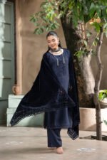 Navy Blue Pleated Yoke Kameez Suit with Lace Trim and Cut-Work Velvet Shawl - Image 4