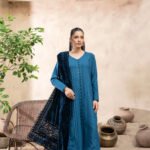 Peacock Teal V-Neck Kameez Suit with Cut-Work Velvet Shawl