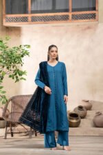 Peacock Teal V-Neck Kameez Suit with Cut-Work Velvet Shawl