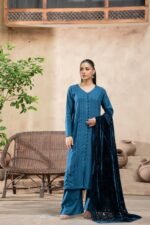 Peacock Teal V-Neck Kameez Suit with Cut-Work Velvet Shawl - Image 2