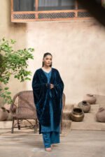 Peacock Teal V-Neck Kameez Suit with Cut-Work Velvet Shawl - Image 3