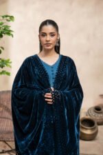 Peacock Teal V-Neck Kameez Suit with Cut-Work Velvet Shawl - Image 4