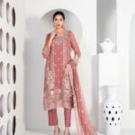 Dusty Rose Embroidered 3 Piece Suit with Floral Neckline and Chiffon Dupatta