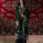 Green Embroidered Karandi 3 Piece Suit with Cutwork Borders and Shawl