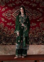 Green Embroidered Karandi 3 Piece Suit with Cutwork Borders and Shawl