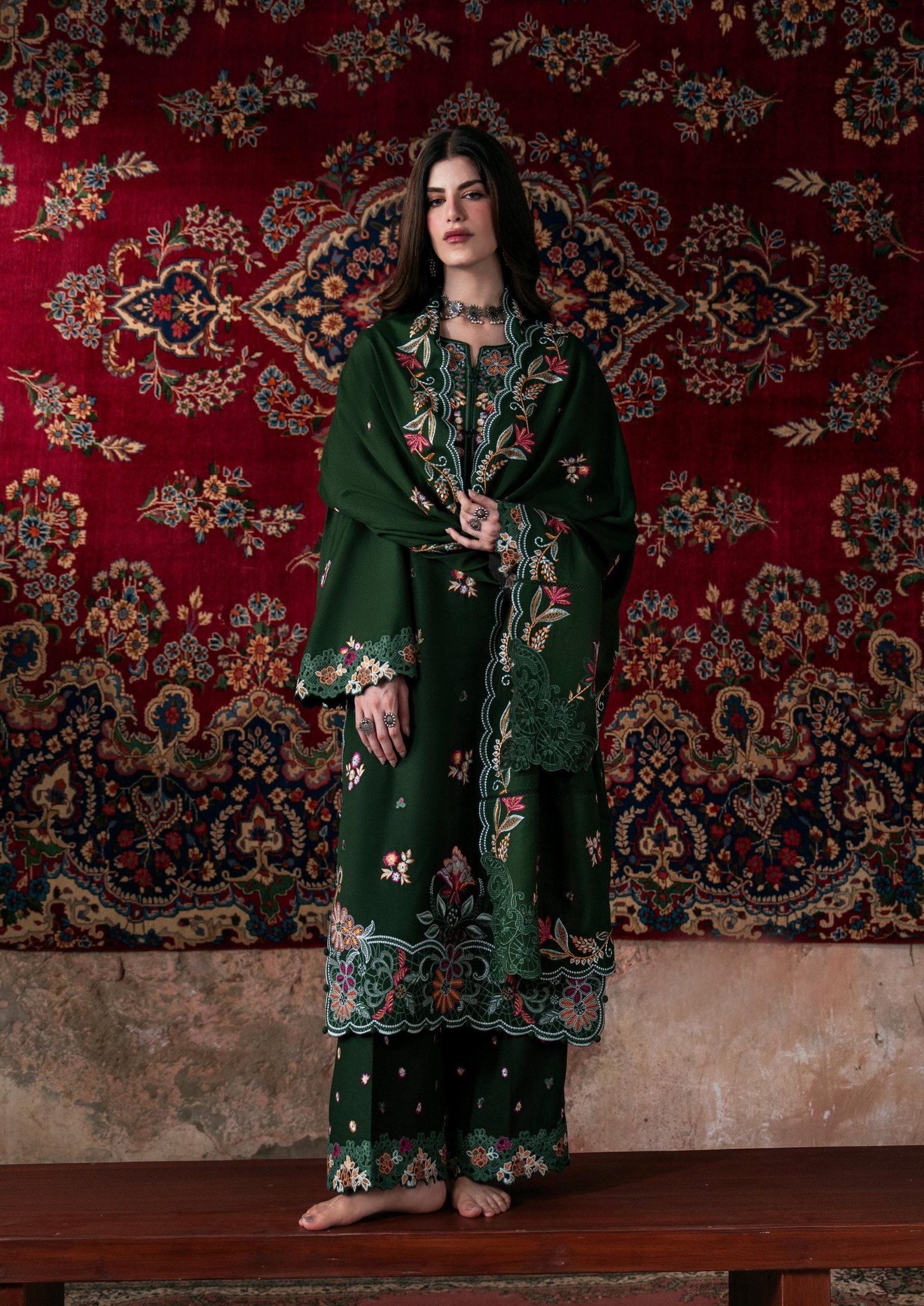 green-embroidered-karandi-suit-1 Green Embroidered Karandi 3 Piece Suit with Cutwork Borders and Shawl - Image 1