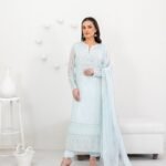 Ice Blue Paisley Embroidered 3 Piece Suit with Chiffon Dupatta