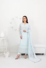 Ice Blue Paisley Embroidered 3 Piece Suit with Chiffon Dupatta
