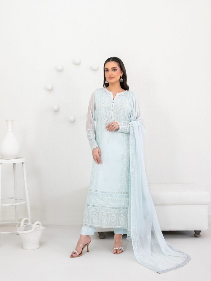 Ice Blue Paisley Embroidered 3 Piece Suit with Chiffon Dupatta