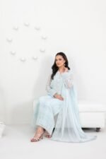 Ice Blue Paisley Embroidered 3 Piece Suit with Chiffon Dupatta - Image 2