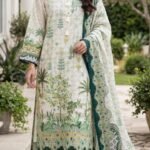 Ivory Green Garden Print 3 Piece Suit with Printed Dupatta