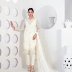 Ivory Pearl Embroidered 3 Piece Suit with Beaded Neckline and Chiffon Dupatta