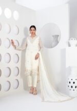 Ivory Pearl Embroidered 3 Piece Suit with Beaded Neckline and Chiffon Dupatta