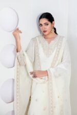 Ivory Pearl Embroidered 3 Piece Suit with Beaded Neckline and Chiffon Dupatta - Image 2