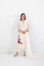 Ivory Red Floral Embroidered 3 Piece Suit with Lace Border Dupatta
