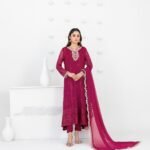 Magenta Embroidered 3 Piece Suit with Ladder Lace Detail and Chiffon Dupatta