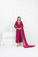Magenta Embroidered 3 Piece Suit with Ladder Lace Detail and Chiffon Dupatta