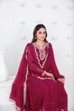 Magenta Embroidered 3 Piece Suit with Ladder Lace Detail and Chiffon Dupatta - Image 2