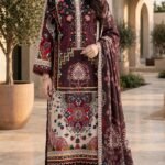 Maroon Black Floral Printed 3 Piece Suit with Printed Dupatta