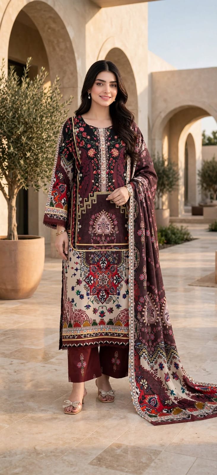 maroon-black-floral-printed-3-piece-suit Maroon Black Floral Printed 3 Piece Suit with Printed Dupatta - Image 1