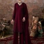 Maroon Embroidered Karandi 3 Piece Suit with Cutwork Neckline and Shawl