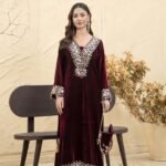 Maroon Mirror Work Velvet Kaftan Set