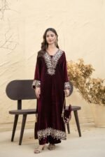 Maroon Mirror Work Velvet Kaftan Set