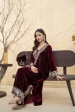 Maroon Mirror Work Velvet Kaftan Set - Image 2
