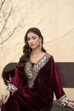 Maroon Mirror Work Velvet Kaftan Set - Image 3