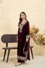 Maroon Mirror Work Velvet Kaftan Set - Image 4