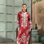 Maroon Red Embroidered Kaftan with Black Bell Sleeves and Gold Button Placket
