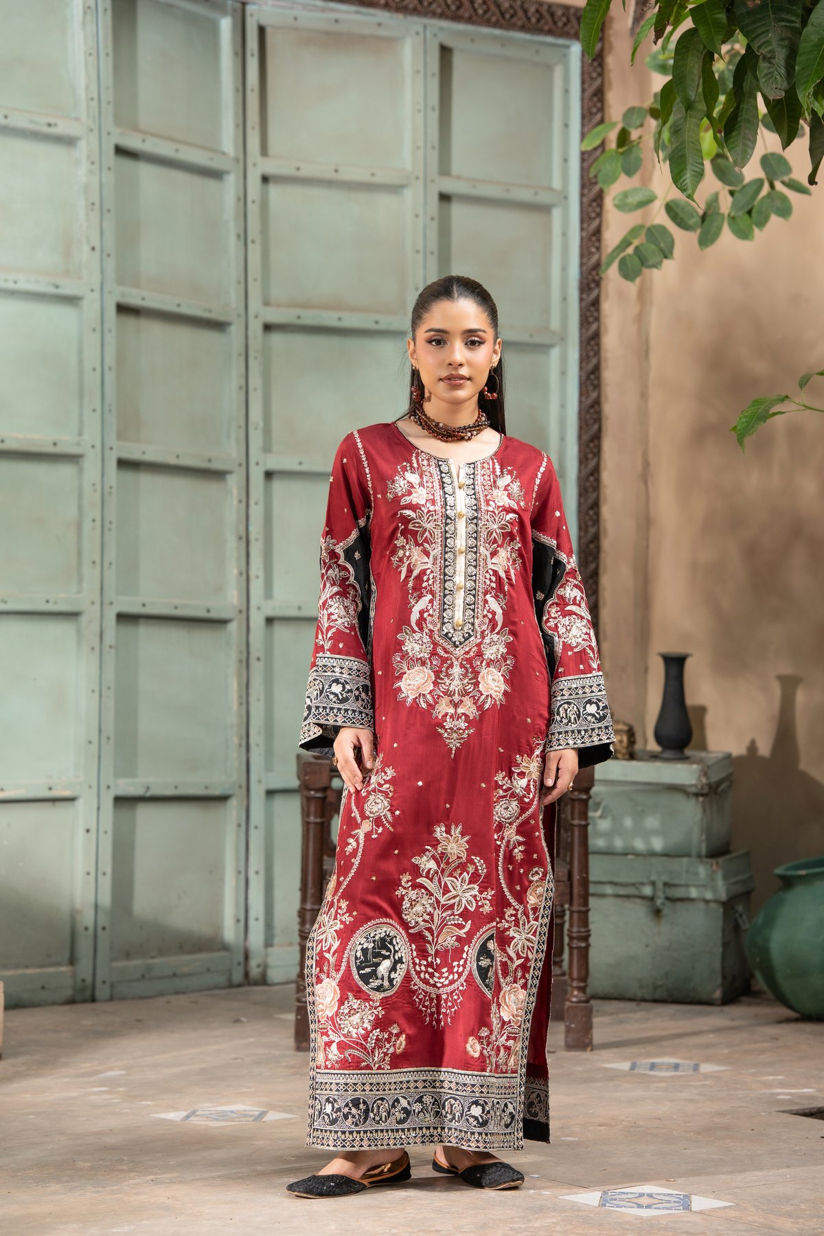 maroon-red-embroidered-kaftan-black-bell-sleeves-1 Maroon Red Embroidered Kaftan with Black Bell Sleeves and Gold Button Placket - Image 1