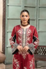Maroon Red Embroidered Kaftan with Black Bell Sleeves and Gold Button Placket - Image 2