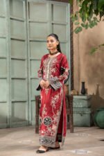 Maroon Red Embroidered Kaftan with Black Bell Sleeves and Gold Button Placket - Image 3