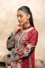 Maroon Red Embroidered Kaftan with Black Bell Sleeves and Gold Button Placket - Image 5