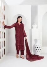 Maroon Sequin Embroidered 3 Piece Suit with Floral Cutwork Hem and Chiffon Dupatta
