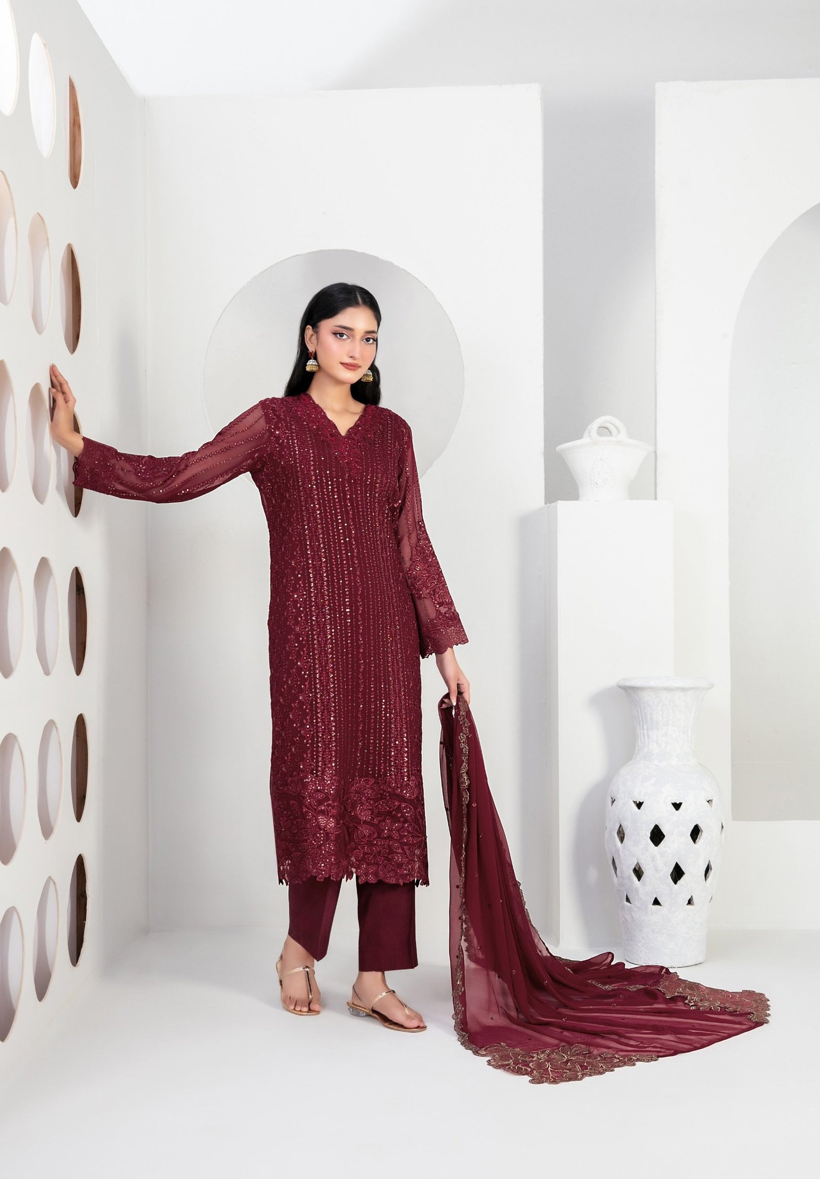 maroon-sequin-embroidered-suit-1 Maroon Sequin Embroidered 3 Piece Suit with Floral Cutwork Hem and Chiffon Dupatta - Image 1