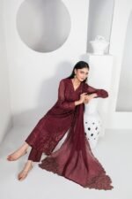 Maroon Sequin Embroidered 3 Piece Suit with Floral Cutwork Hem and Chiffon Dupatta - Image 2