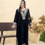 Navy Blue Mirror Work Velvet Kaftan Set