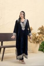 Navy Blue Mirror Work Velvet Kaftan Set